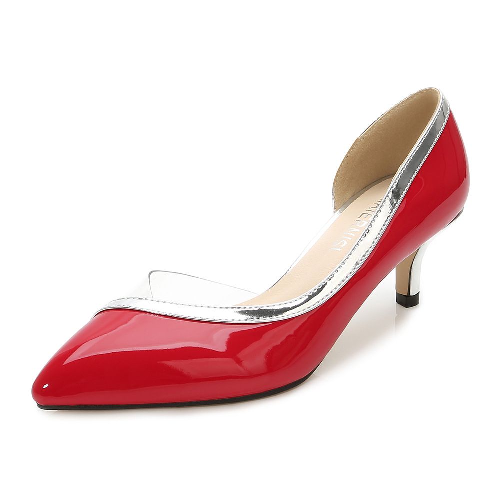 Patent/Transparent Leather Kitten Heels Court Shoes-RED