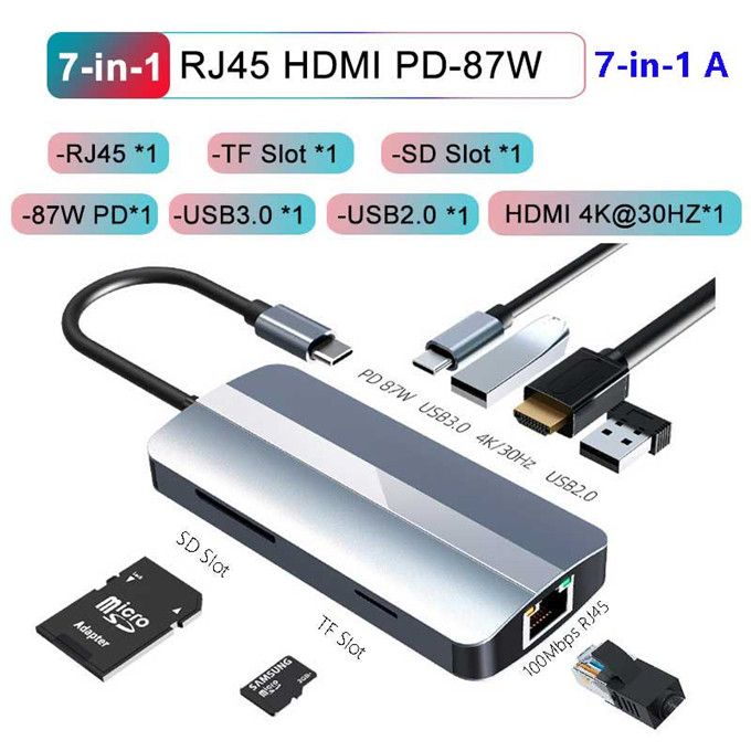 7 In 1 Docking Station Type C USB Hub RJ45 SD TF Card Reader