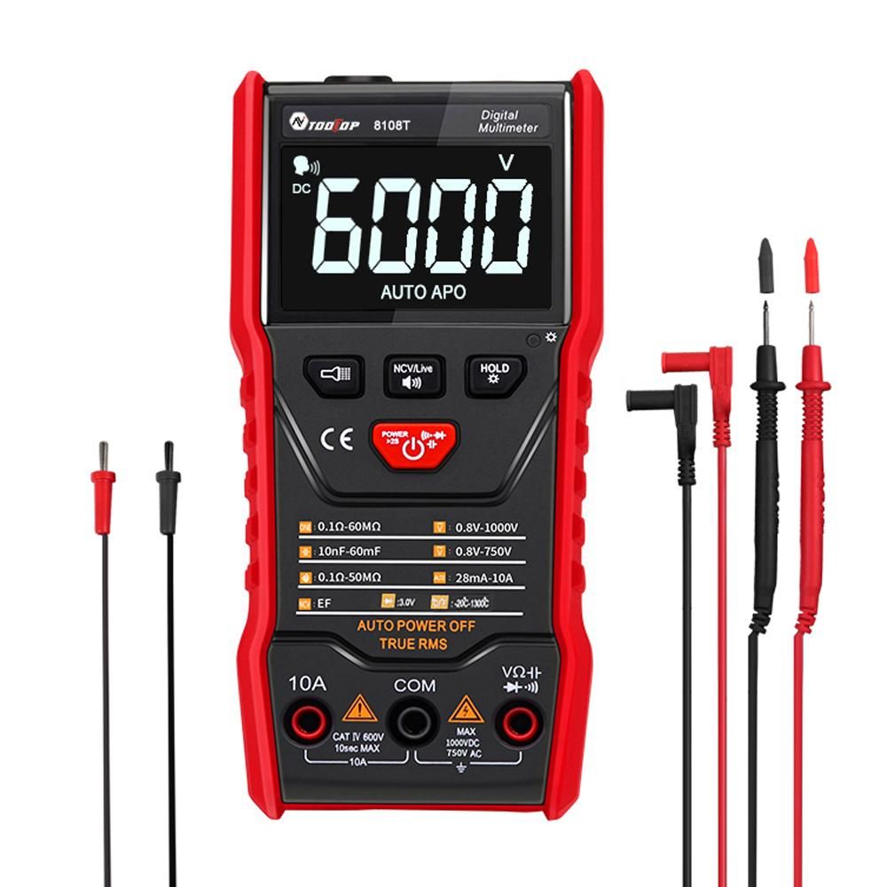 TOOLTOP Handheld Digital Multimeter 6000 Counts Display AC/DC Voltage Current Resistance Capacitance Test Meter Automatic Identification True RMS Measurement with Flashlight Function