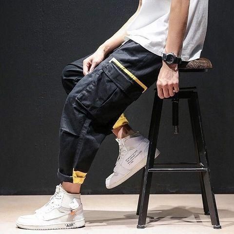 Men Ribbons Color Block Block Black Charge Harem Pants Harajuku Ribete Hip Hop Pants Thicken