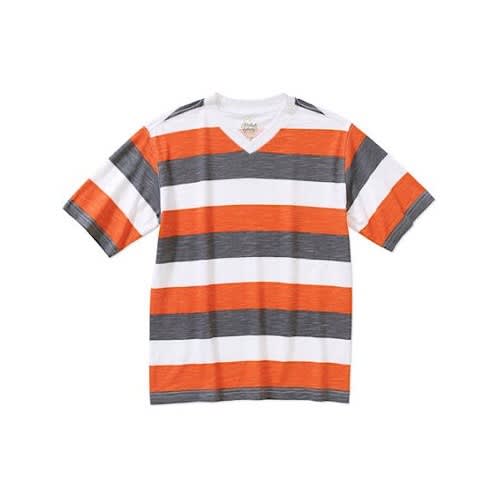 Boys Rugby Striped V-Neck Tee - Orange, White & Grey