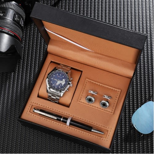 Men's Gifts Set - Blue Dail Quartz Wrist Watch - Cufflinks - Signature Pen + Gift Box