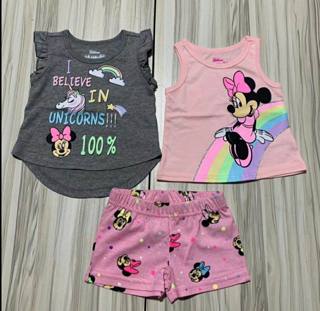 3 Pack Minnie Mouse Girl's Shortsleeve Tee, Sleeveless Shirt And Shorts Set For Kids