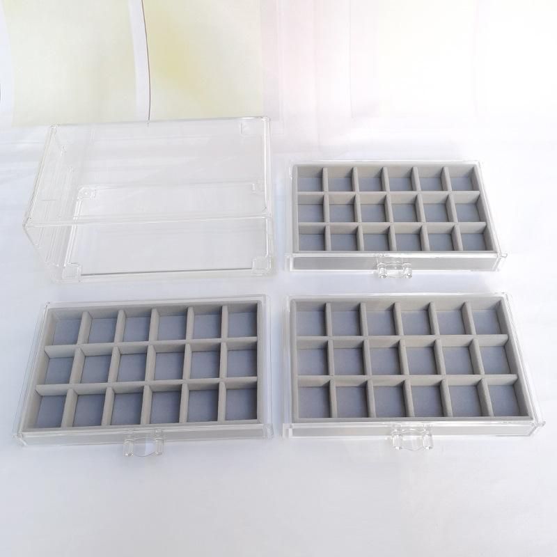 Three-drawing multi-grid acrylic velvet storage box jewelry necklace finishing box earrings ring display stand velvet tray gray