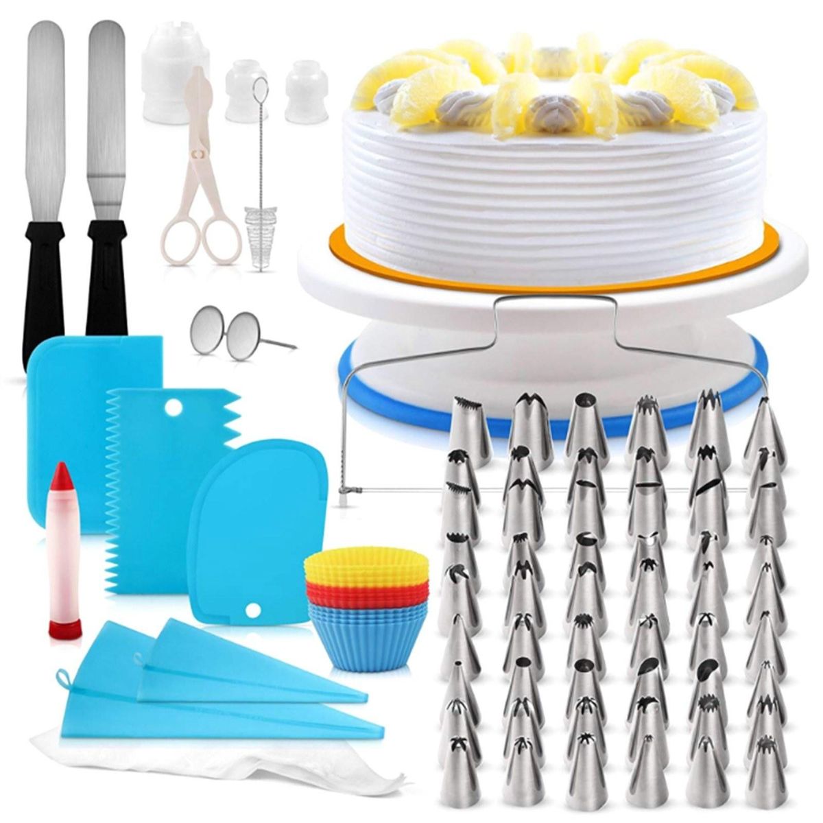 106Pcs Cake Decorating Supplies Kit Baking Fondant Tool Set Turntable Piping Bag Tip Pen Spatula DIY Cake Cupcake Decorating Icing Tool Set