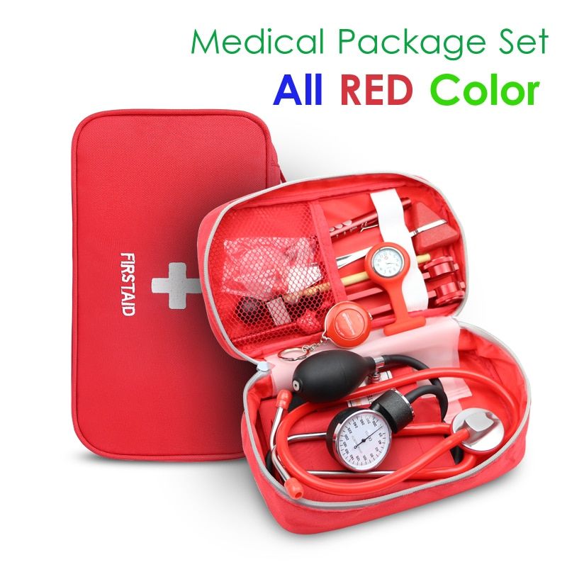 8PCS Set Medical Storage Kit Health Bag  With Stethoscope Manometer Tuning Fork Reflex Hammer LED First Aid Penlight Torch