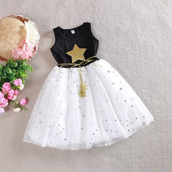 GIRL WHITE BLACK STAR DRESS GOWN   - G119