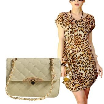 Ladies Leopard Print Ice Silk Midi Dress + Quilted Bag - Beige