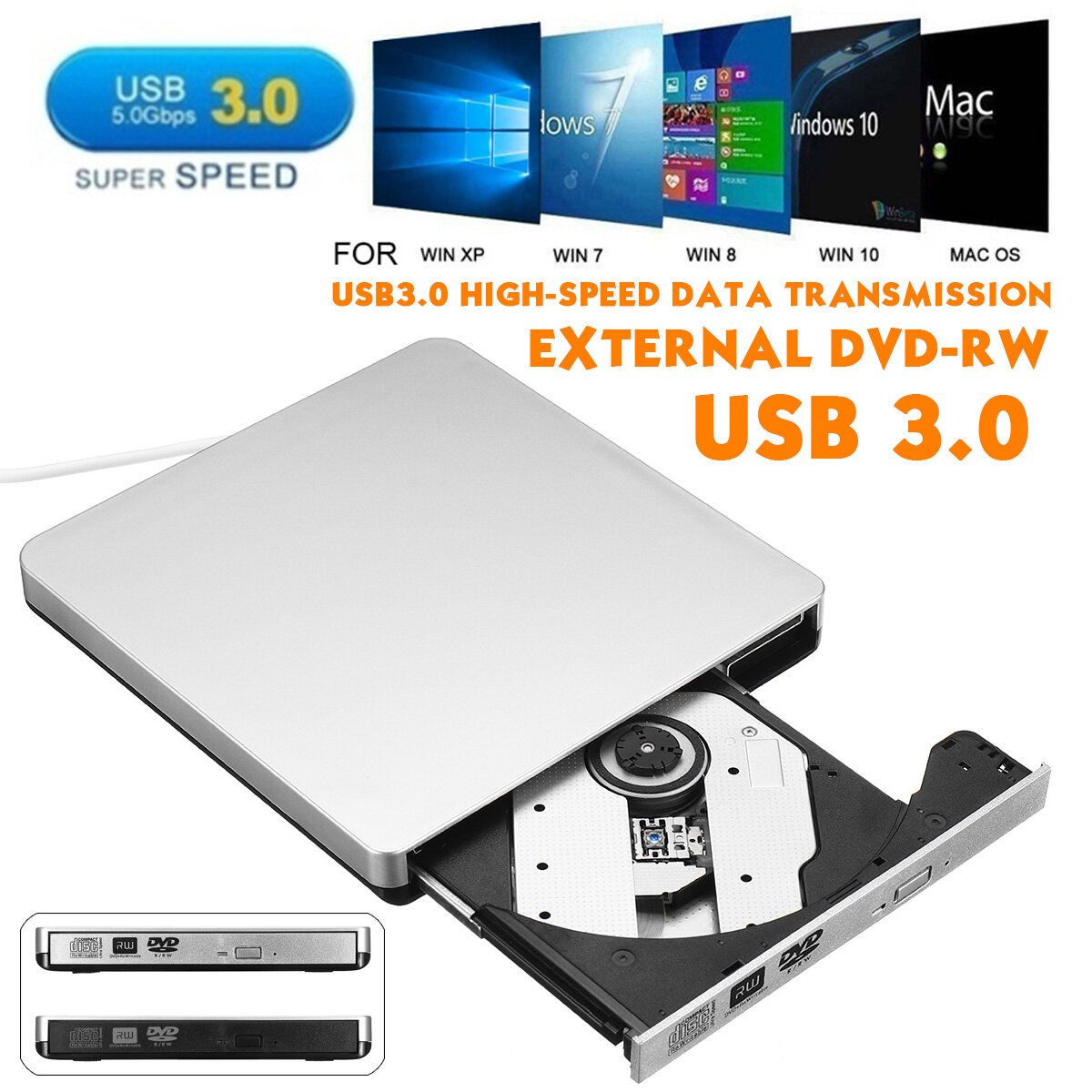 External Portable USB 3.0 CD DVD RW Laptop PC Writer Reader Hard Drive Black Baffle