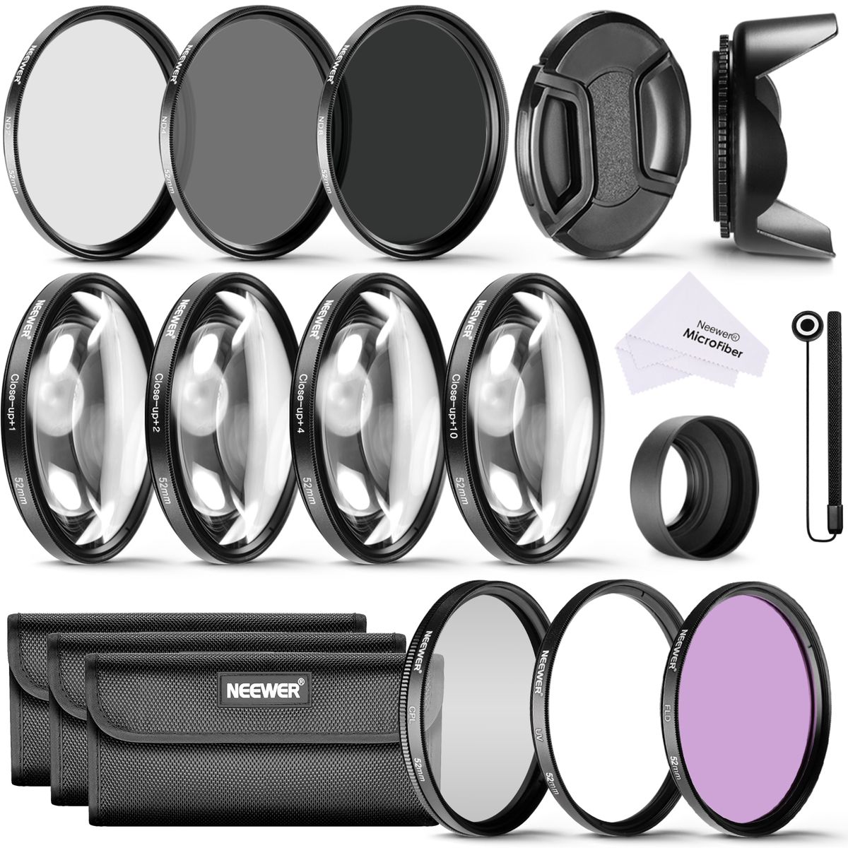 52MM Filter Accessory Kit For NIKON D3300 D3200 D3100 D3000 DSLR Camera: UV,CPL,FLD Filters+Macro Close-up Filters(+1,+2,+4,+10)+Neutral Density Filters(ND2,ND4,ND8)+Lens Hood+Lens Cap