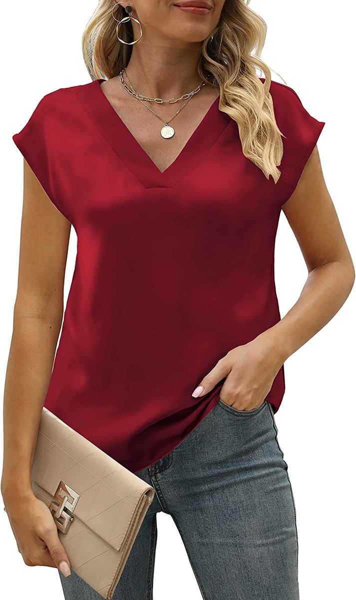 Red Cap Short Sleeve Satin Women's  Top V-neck Silk Shirt Ladies Blouse Loose Fit Shirt