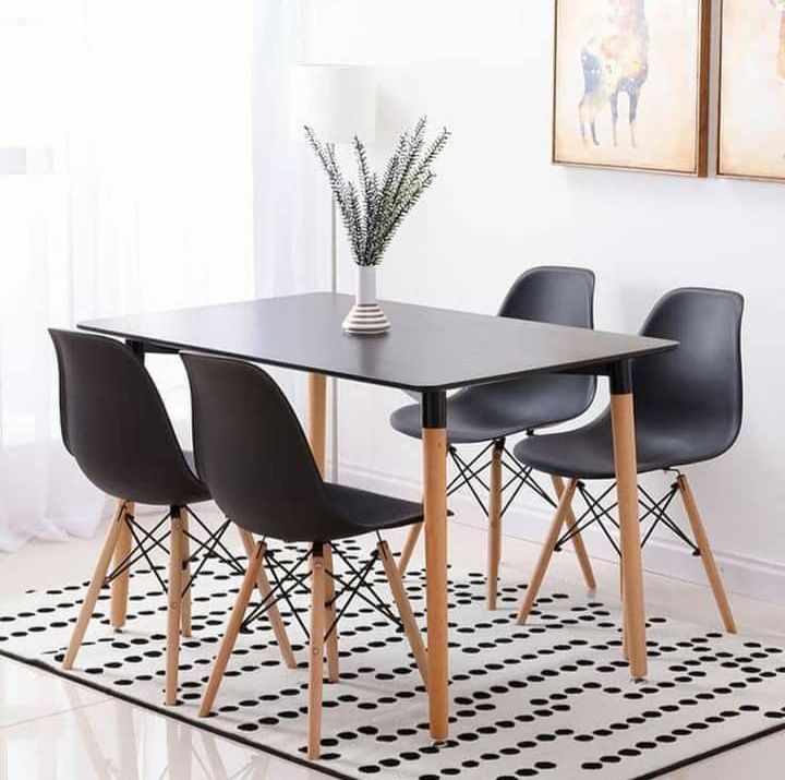 Rectangular Wooden Dining Table + 4 Plastic Chairs