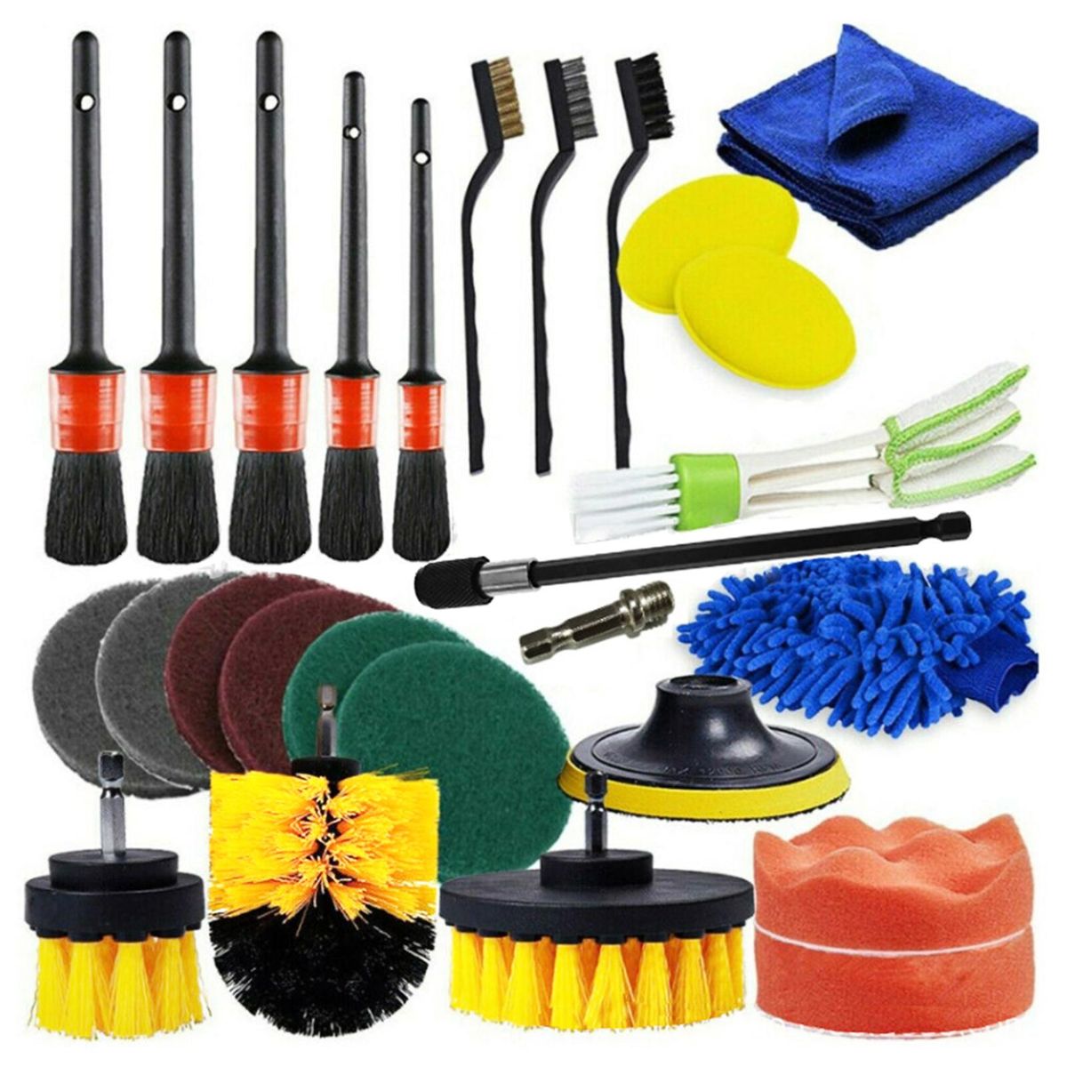 26 PCS Drill Brush Attachments Car Detailing Brush Kit for Auto Exterior and Interior Includes Scrub Pads Sponges Detailing Brushes Washing Mitt Air Vent Brush Cleaning Cloth Household Cleaning Set for Cars Bathroom Kitchen Tub Sink