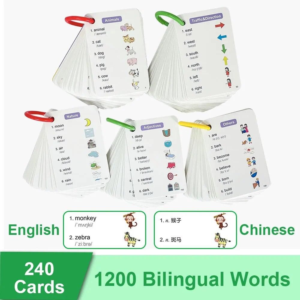 1200 English Words Learning Cards English and Chinese Bilingual Flashcard for Kids Animal Food Adjective Body Educational Toys