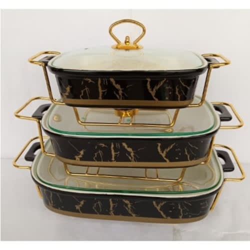 Rectangle Ceramic Dish With Cover - 3 Set - 18cm -22cm & 24cm  - Gold