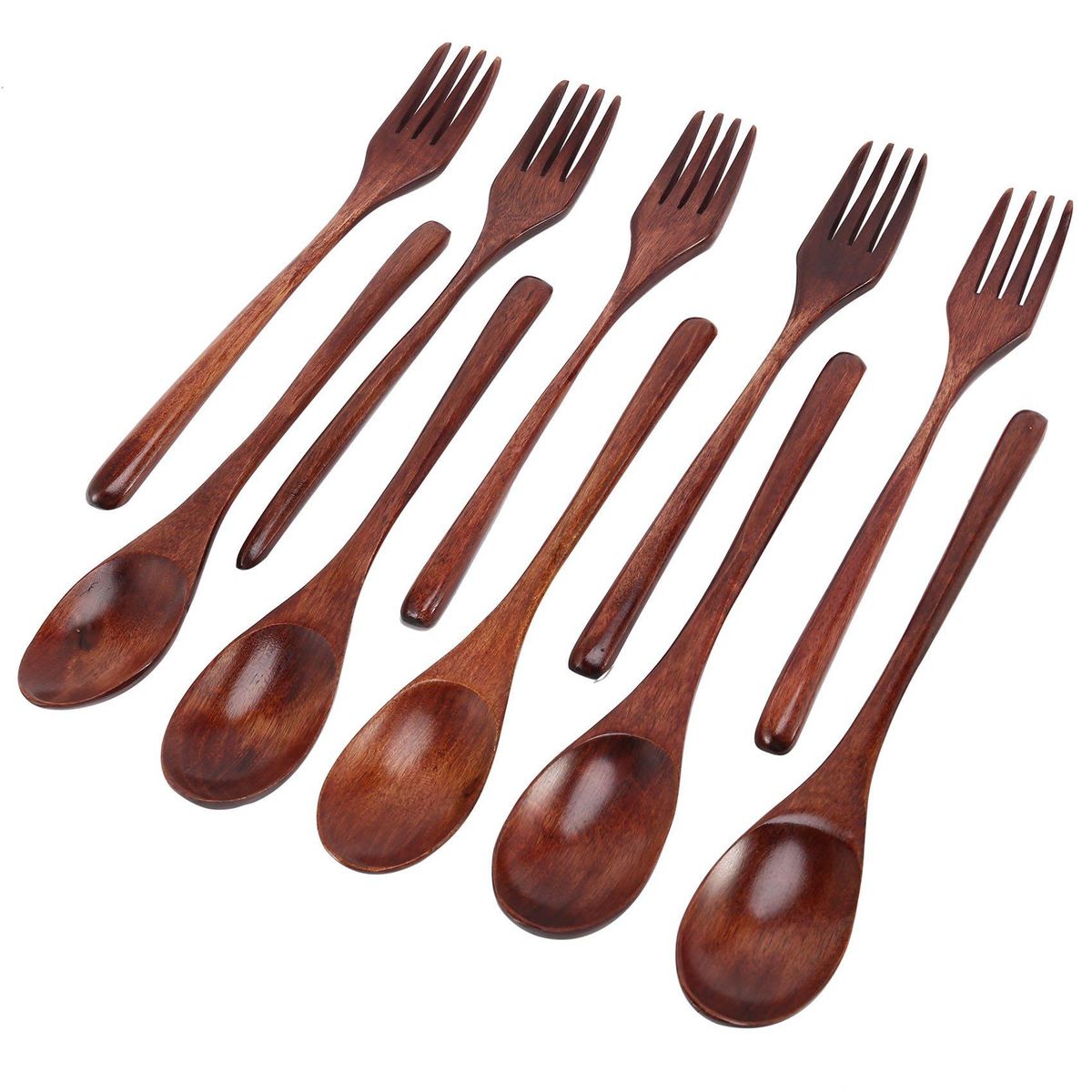 10 Pcs Wooden Spoons Forks Set Wooden Utensil Set Reusable