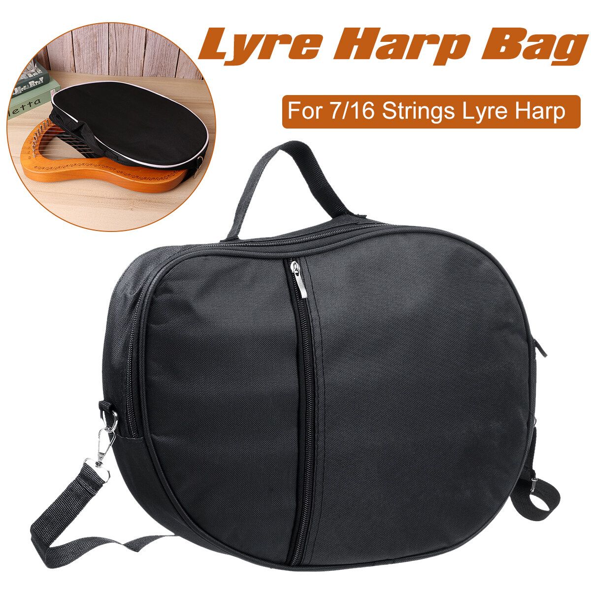 7/16 Strings Lyre Harp Storage Handbag With Strap Canvas Instrument Carry Bag All Black
