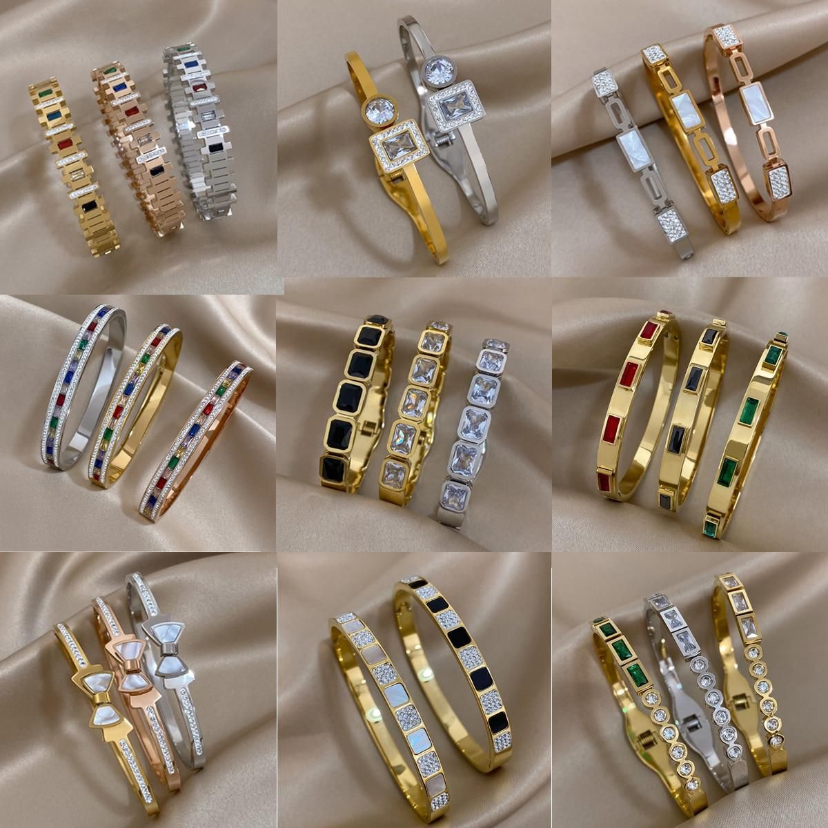 AENSOA Vintage Chic Multicolor Big Rhinestone Zircon Stainless Steel Bangles Bracelets for Women Simple Charm Waterproof Jewelry