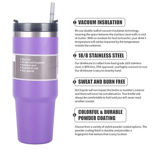 Vacuum Rotary Thermos Coffee Cup 890ML(With Straw) - Purple