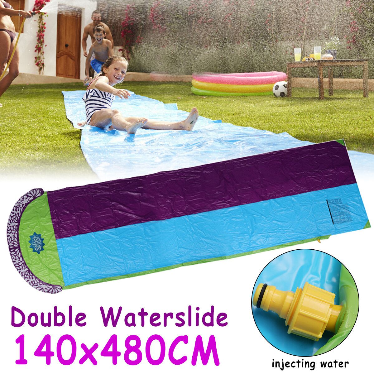 4.8M Kids Slide Dual Wave Double Lane Deluxe Backyard Water Games Inflatable Water Slide Single Slip Kids Backyard Play Fun Outdoor Splash