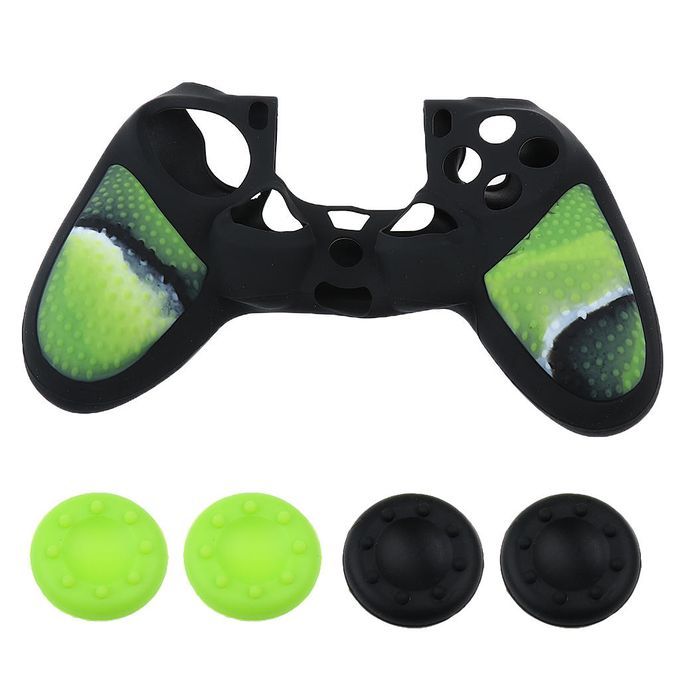Silicone Cover Case Skin+4x Joystick Cap For PS4 Controller Green