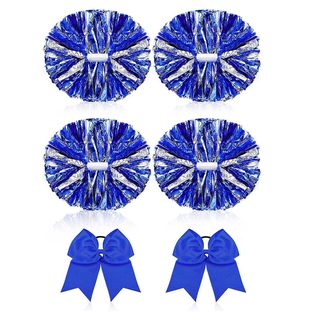 6 Pcs 13 Inch Cheerleading Pom Poms and Big Bow, Suitable for Girls' Cheerleading Poms, Metal Poms and Handles,Blue