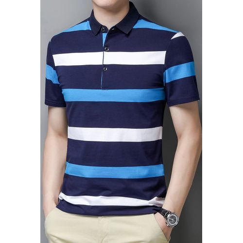 Big Size M-4XL Mens Cotton Striped Polos Shirt Business Casual Short Sleeve Top For Men Blue