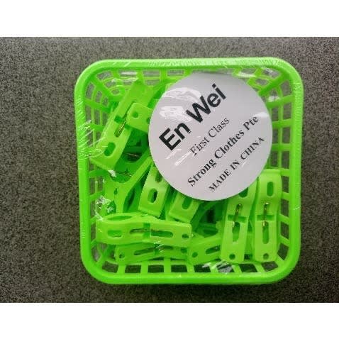 Mini Plastic Clothes Peg With Basket 1 Dozen - Green