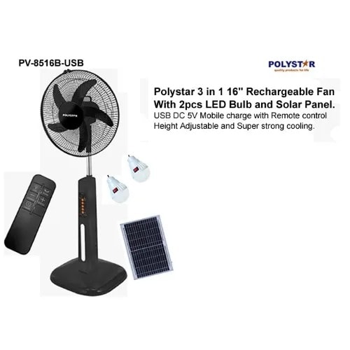 16" Rechargeable Stand Fan 2 Led Bulb + Solar Panel With Remote Control