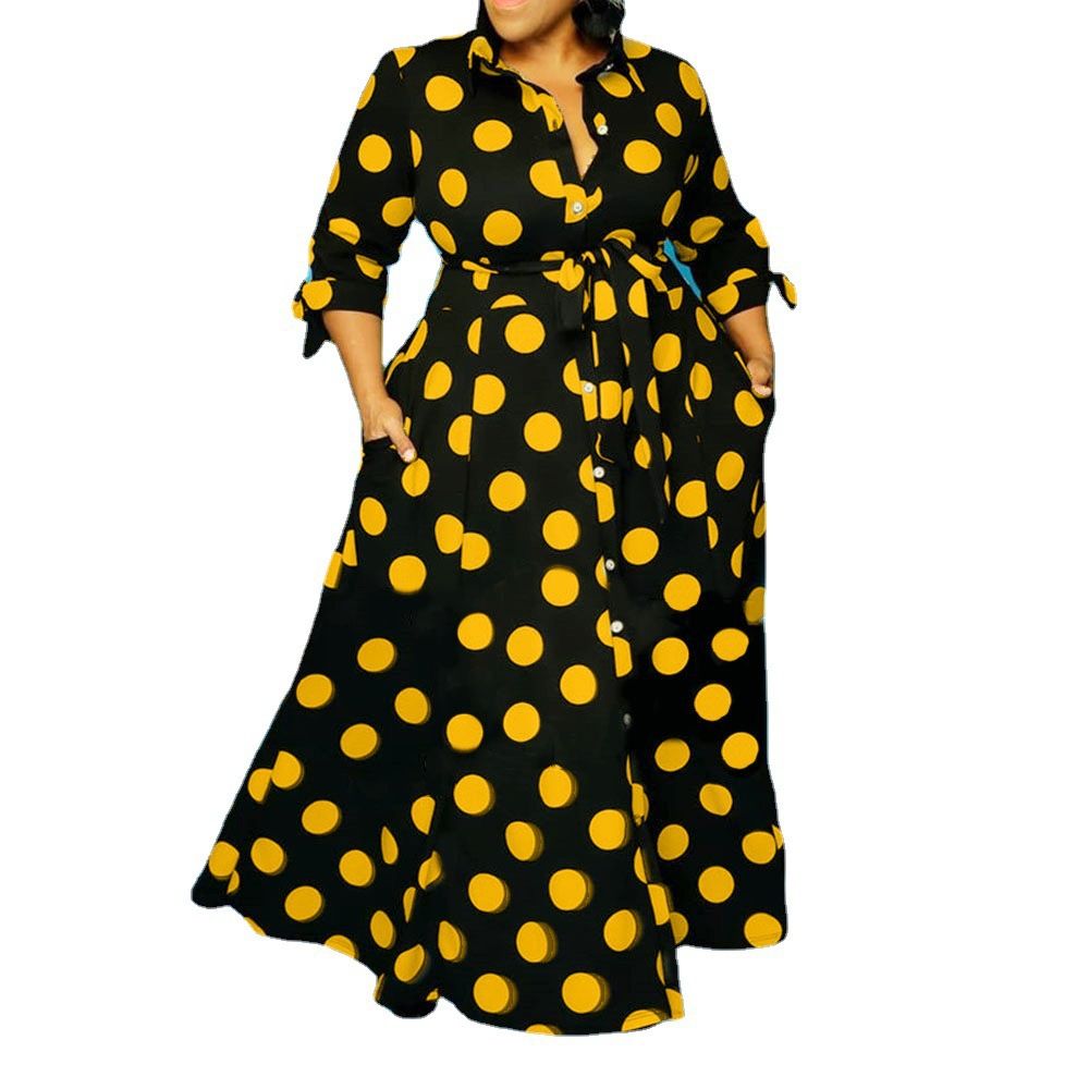 (Yellow)Dress Women Plus Size Loose Long Dress With Lacing Up Dots Bohemian Ladies Shirt Dress Maxi Elegance Wholesale Dropshipping SAB