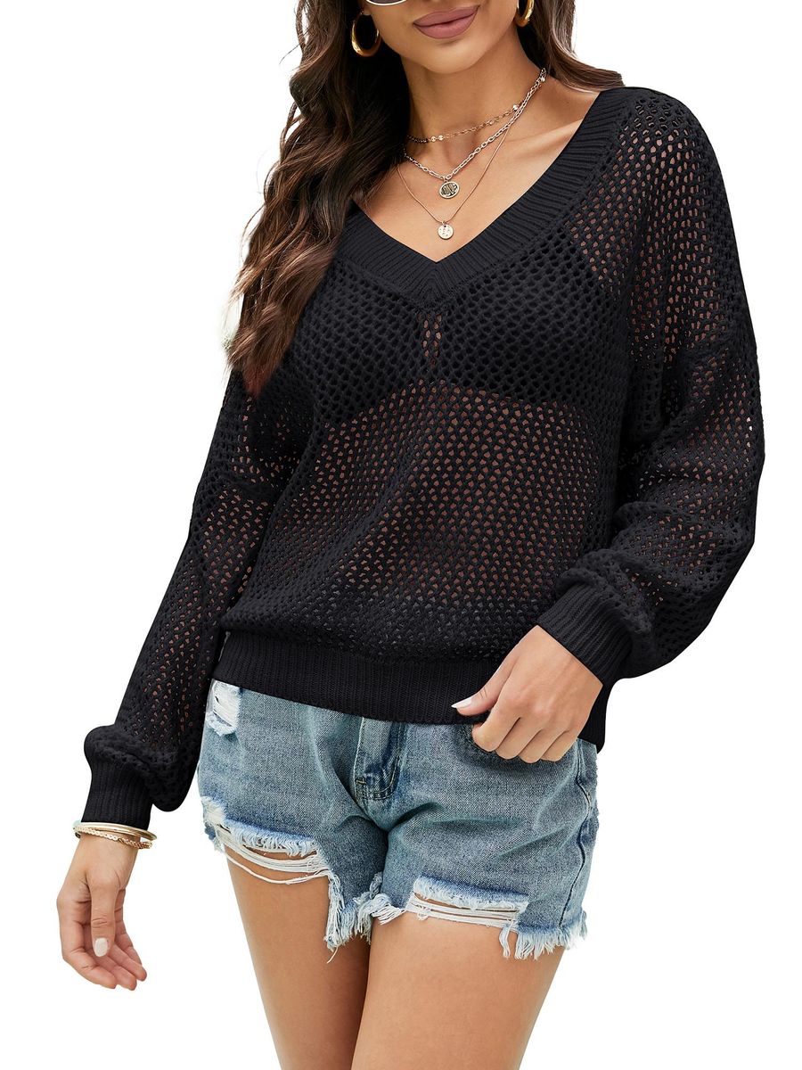 Women Loose Knitted Top Hollow Out Holes V Neck Long Sleeved Casual Tops