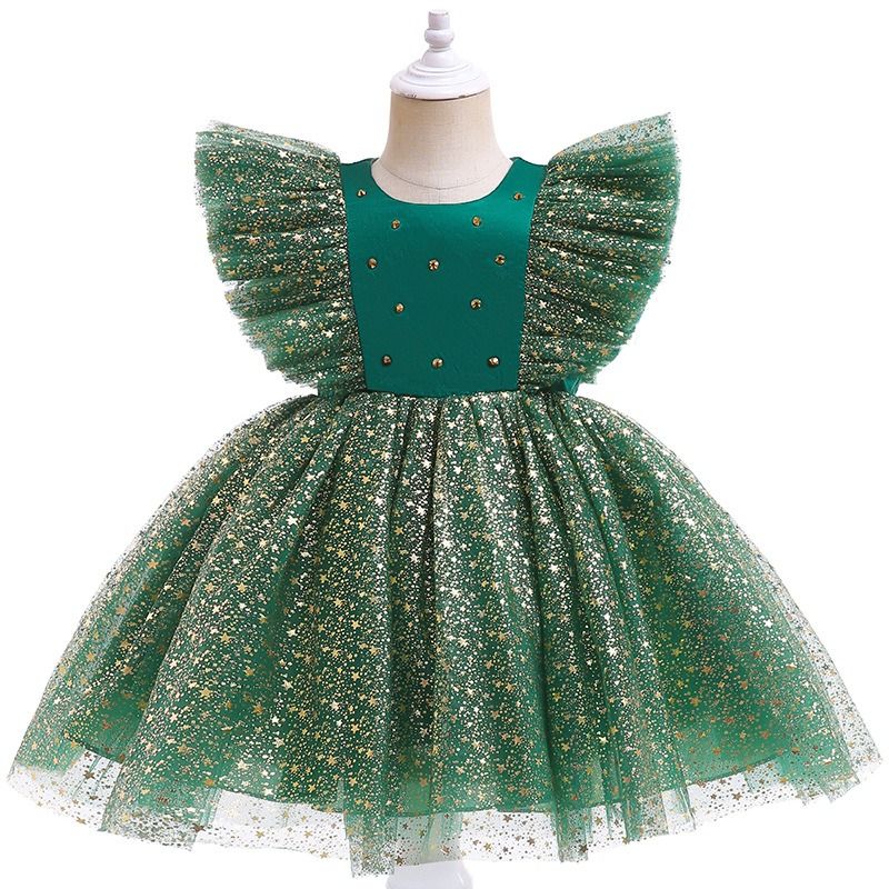 GIRL QUALITY MINI STARS CHRISTMAS GOWN - GREEN - G77