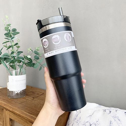 Vacuum Rotary Thermos Coffee Cup 890ML(With Straw) - Black