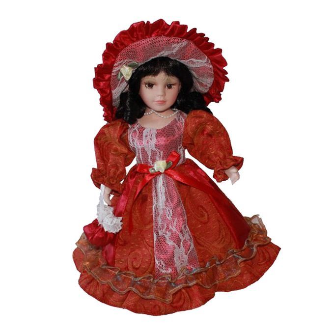 30cm Lovely Porcelain Doll   Female Retro Red Skirt & Big Hat Red