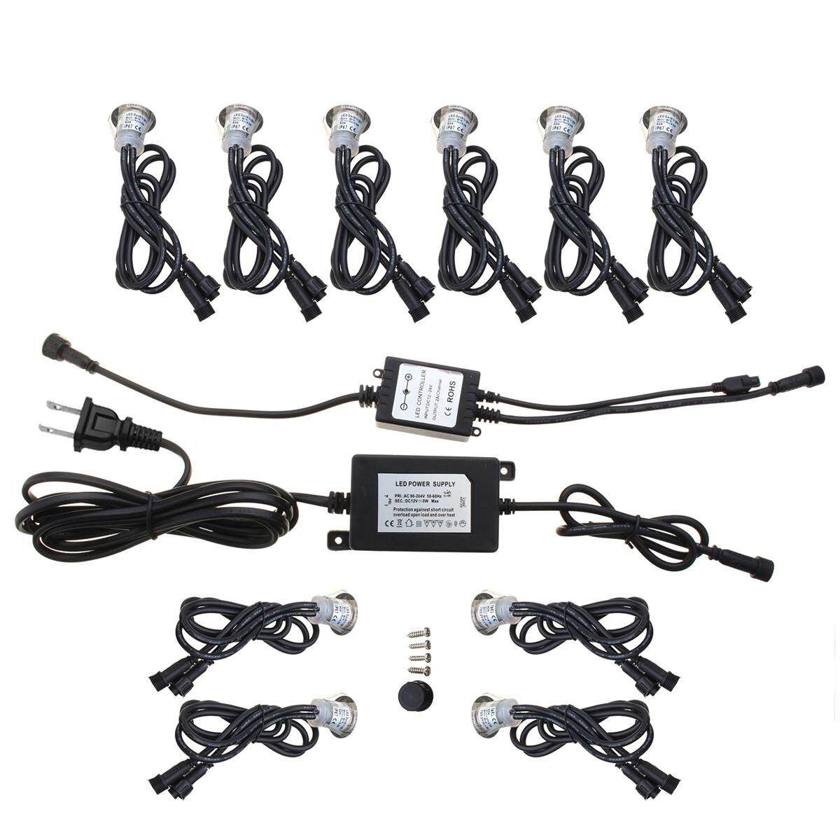 Pack Of 10 Low Voltage LED Deck Lights Kit Waterproof Recessed Deck Lamp Outdoor Yard Garden Pathway Patio Step Stairs Landscape Decor LED In-ground Lighting RGB AC85-265V US Plug USG RGB