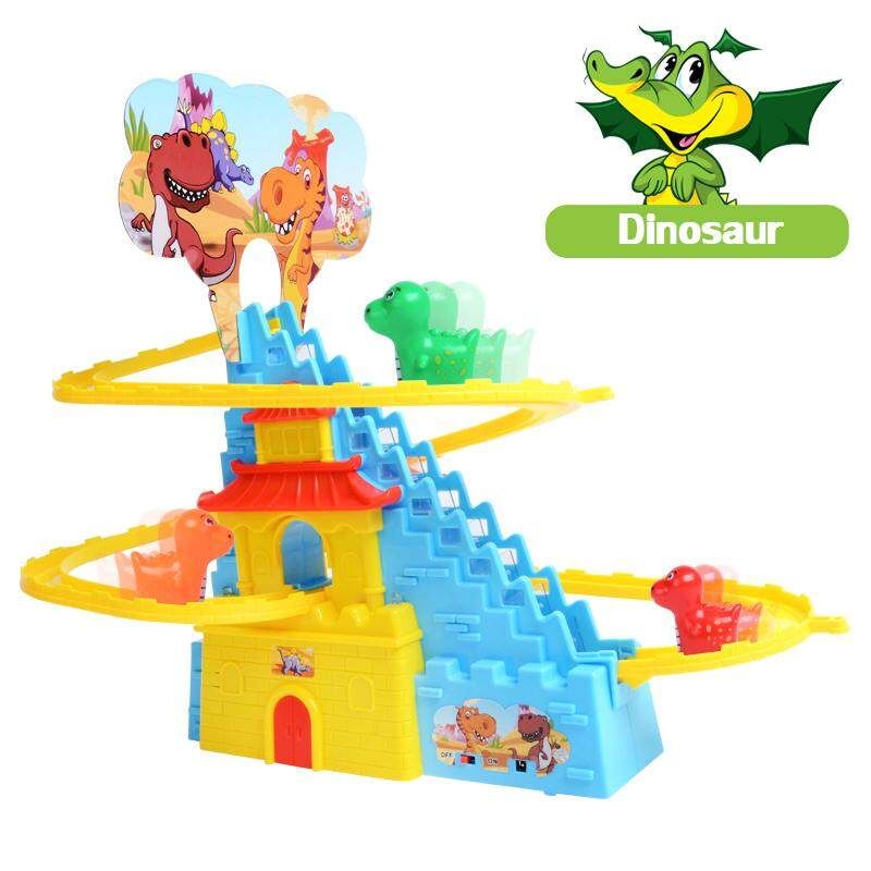4403 Electric Castle, Revolving Climbing Stairs, Track Car Lights, Music Charging, Two Model Child Toys Track Dinosaur