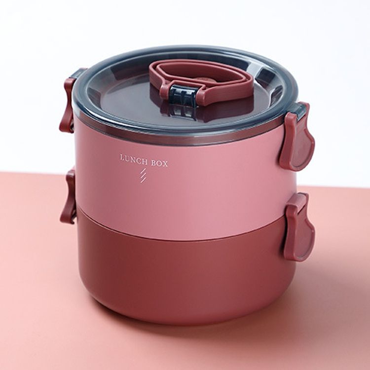 Round Portable Insulation Partitioned Lunch Box Student Office Workers Heated Microwave Oven Bento Box, Style:Double Layer(Red)