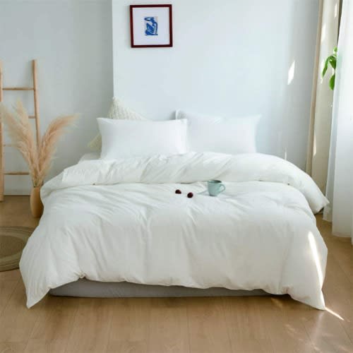 Percale Duvet Cover Set - King - 100% Washed Cotton Linen - White