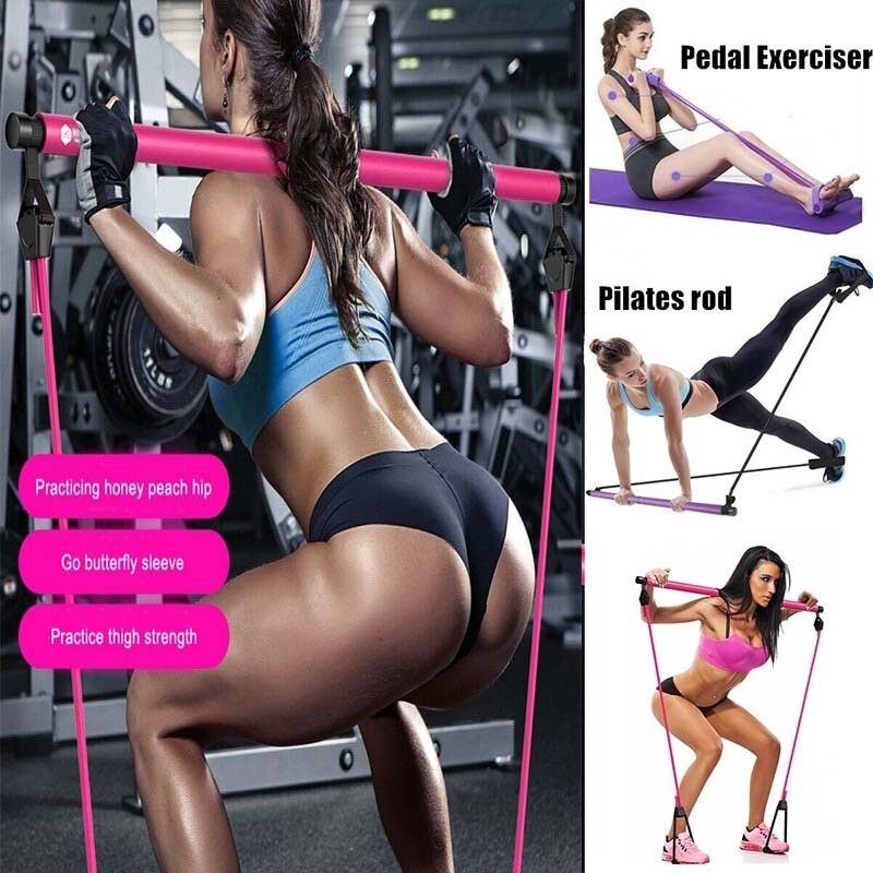 Exercise Resistance Band Yoga Stick Pilates Bar Kit Muscle Toning Stretch Rope Gym Trainer Portable With 2 Foot Loop For Total Body Workout Home Purple