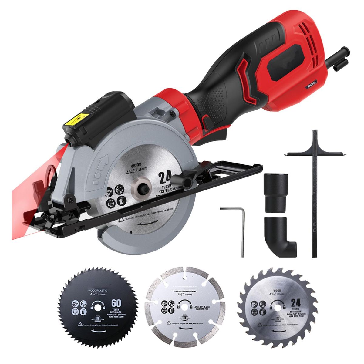 Mini Circular Saw,  750W  6.2A  3500RPM Compact Circular Saw with Laser Electric Saw with 3 Saw Blades Cutting Depth 90&deg; (48mm), 45&deg; (32mm) Ideal for Wood, PVC Pipe, Soft Metal, Tile, Plastic