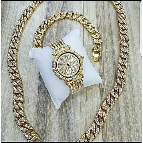 Classic Unisex Iced Rotating Wrist Watch  - Gold + Free Gifts 3 In 1