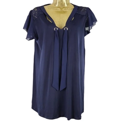 Tutta Bella - Grommet Tie Neck Blouse - Navy Blue