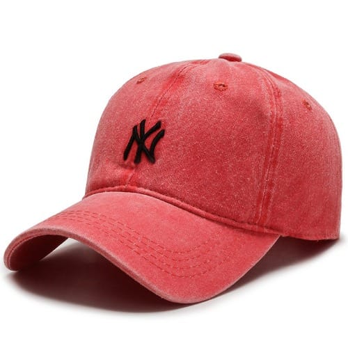 Stone Wash Ny Embroidered Face Cap, Unisex, Red