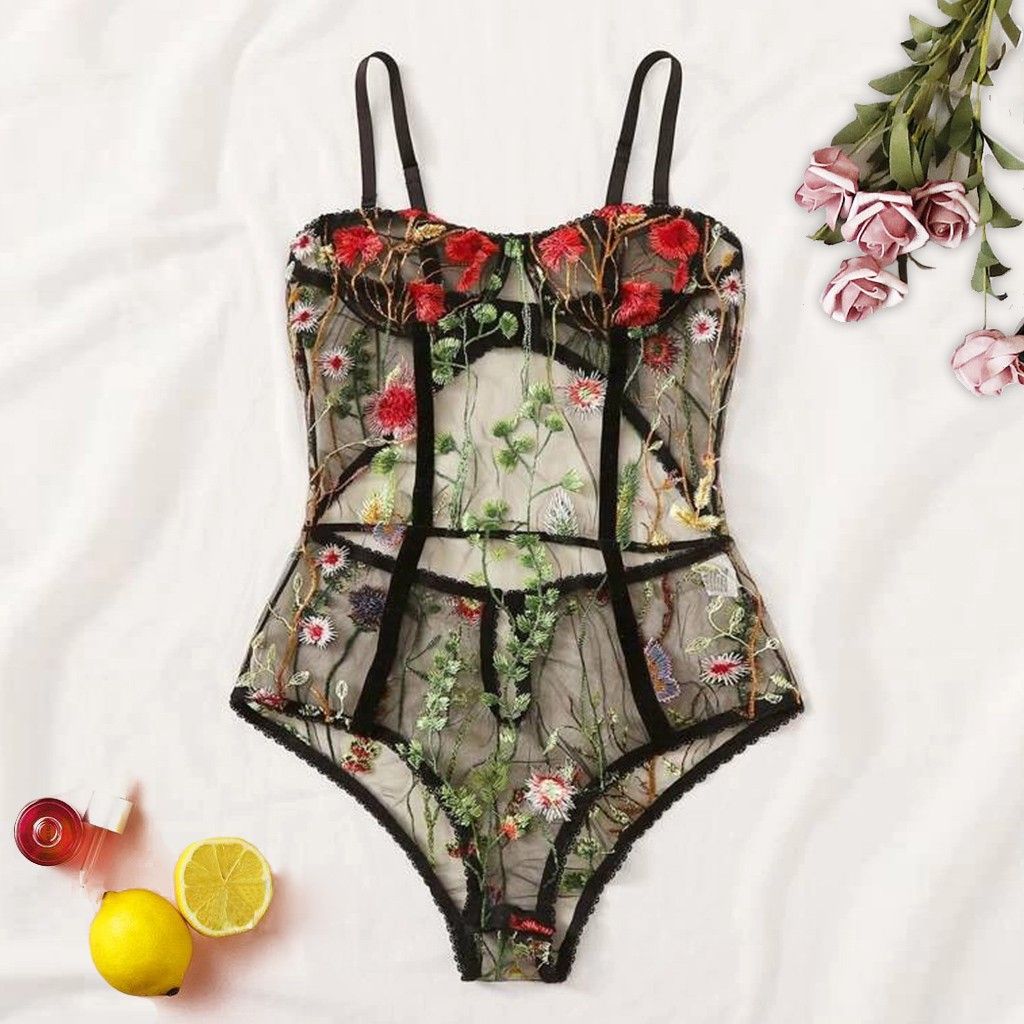 Embroidery Lace Transparent Bandage Bodysuit Sleepwear For Female Backless Jumpsuit Lingerie Sleepwear S-L A BA