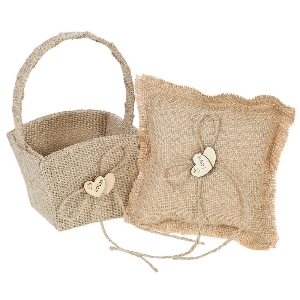 6 * 6 inches Vintage Burlap Double Heart Ring Bearer Pillow and Rustic Wedding Flower Girl Basket Set