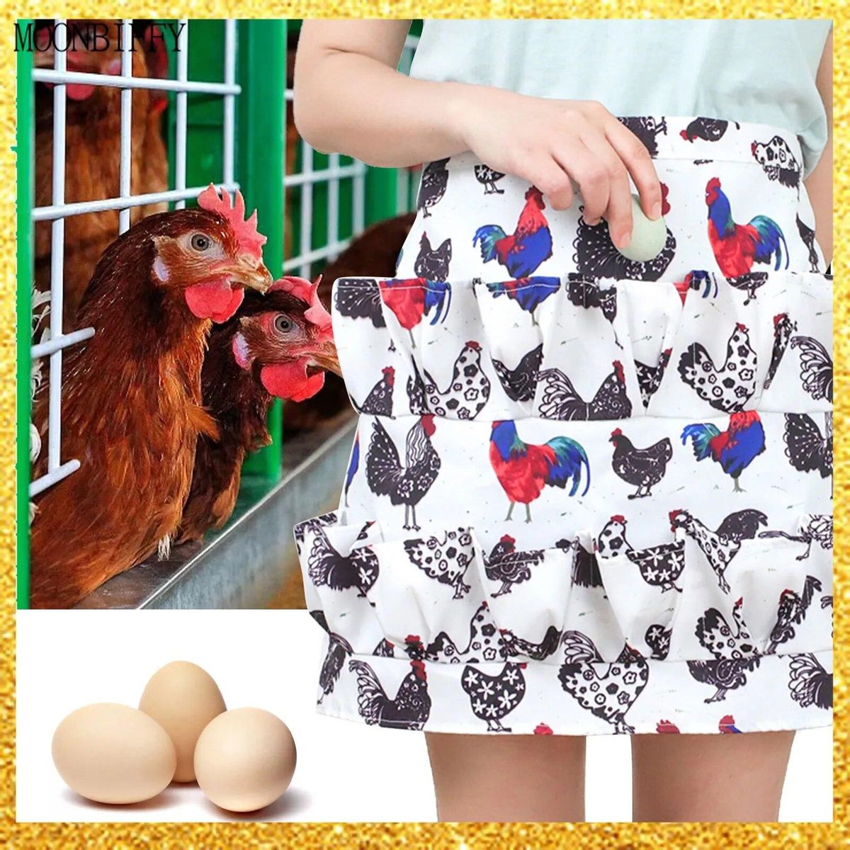 Chicken Egg Collection Apron Printed Pick Up Eggs Cooking Rice Anti-Dirty Multi-Pocket Apron Dishwash Anti-break Washable Skirt