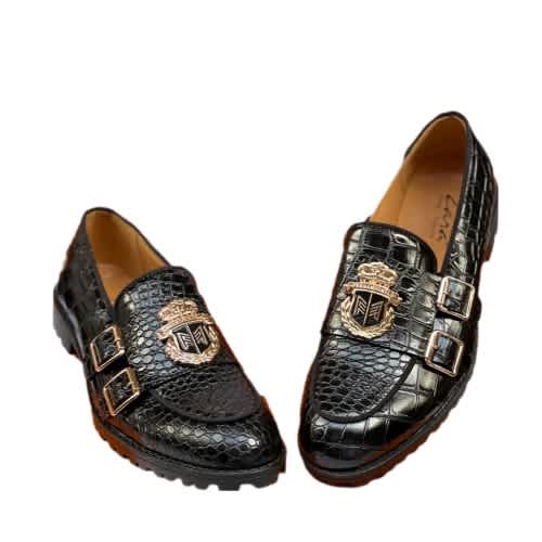 Men's Monk Strap Croc Leather Loafers Shoe : Black