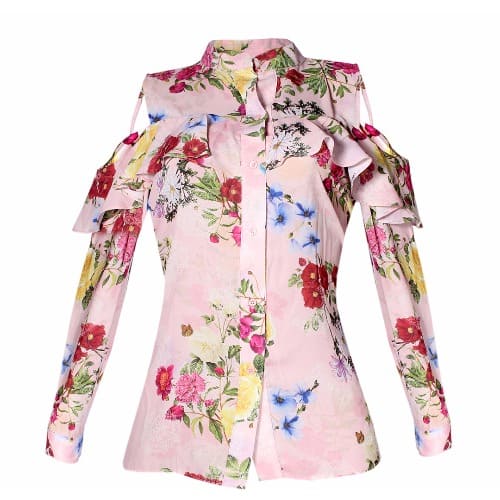 Floral Chiffon Cold Shoulder Long Sleeve Shirt - Pink