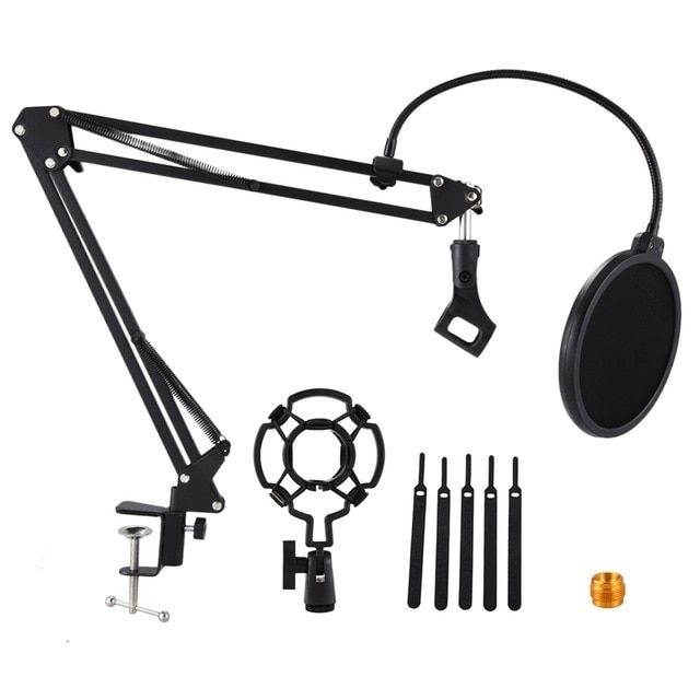Desktop Microphone Stand Suspension Boom Scissor Arm Stand With 3/8-5/8 Screw / Shock Mount / Filter / Clip / Cable Ties