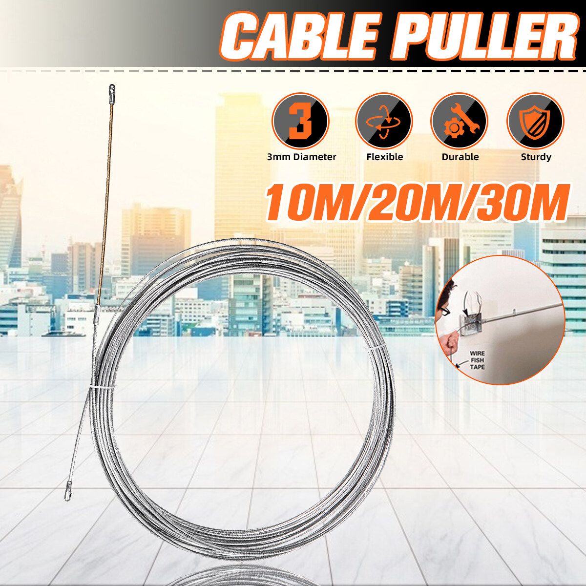 10M/20M/30M Cable Push Puller Spring Steel Electrical Wire Tool Fish Tape 3MM 10M
